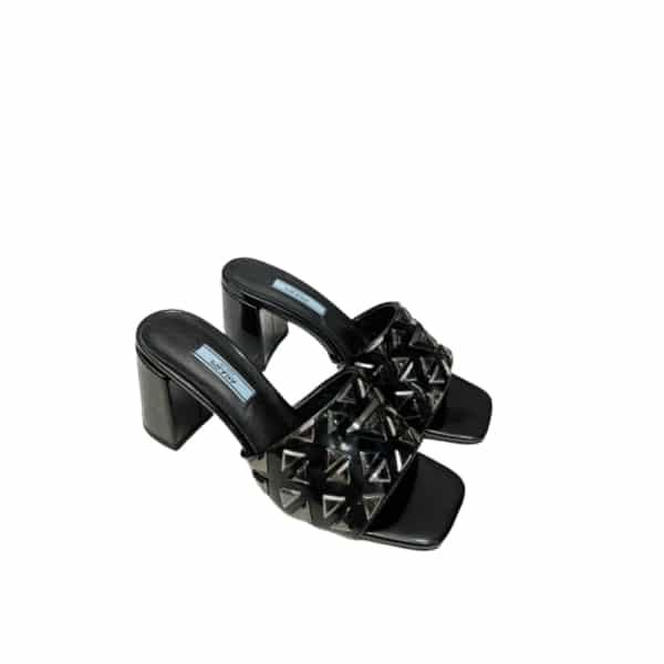 PRADA STUDDED METALLIC LEATHER MULES BLACK