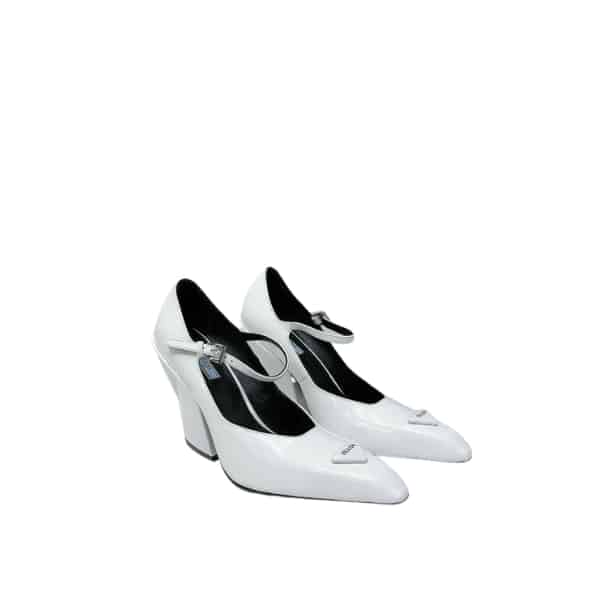 PRADA MODELLERIE LEATHER MARY JANE PUMPS IN NERO WHITE