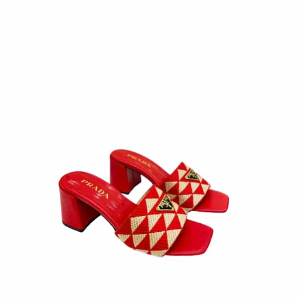 PRADA TRIANGOLO JACQUARD MULES RED