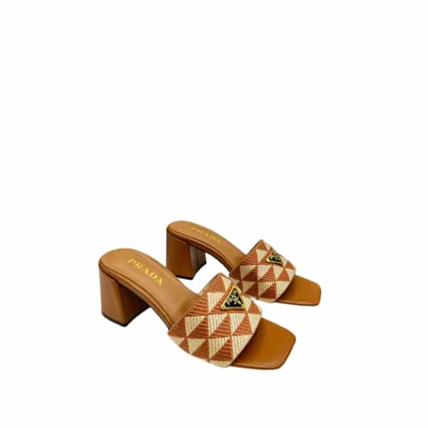 PRADA TRIANGOLO JACQUARD MULES BROWN