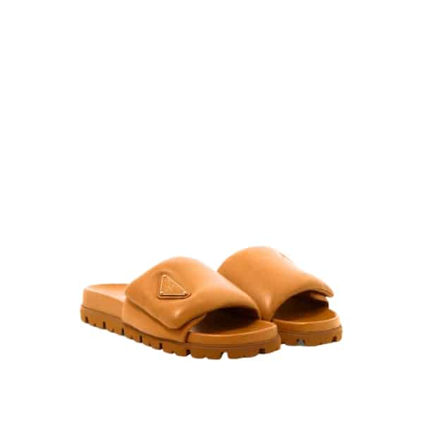 PRADA SOFT PADDED NAPPA LEATHER SLIDES BROWN