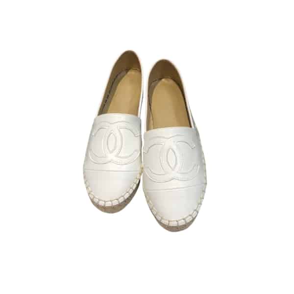 CHANEL EMBROIDERED ESPADRILLE LEATHER CAP TOE FLATS WHITE