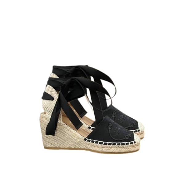 PRADA LINEN ESPADRILLE WEDGE SANDALS BLACK