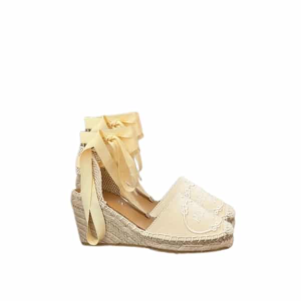 PRADA LINEN ESPADRILLE WEDGE SANDALS BEIGE