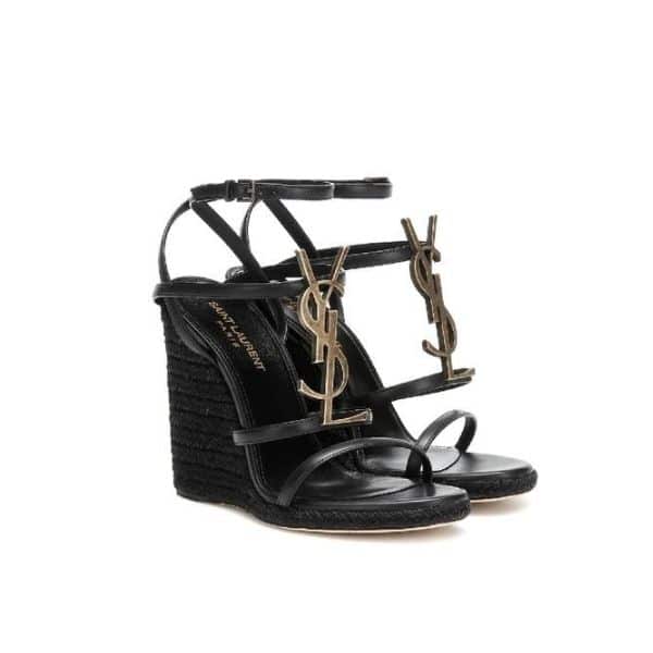 SAINT LAURENT CASSANDRA 115 LEATHER AND RAFFIA WEDGE BLACK SANDALS