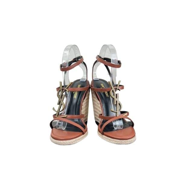 SAINT LAURENT CASSANDRA 115 LEATHER AND RAFFIA WEDGE BROWN SANDALS