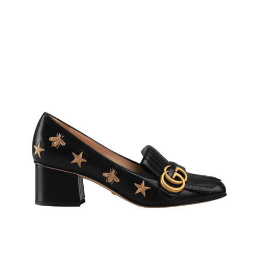 GUCCI  EMBROIDERED BEE STAR LEATHER MID-HEEL PUMP BLACK