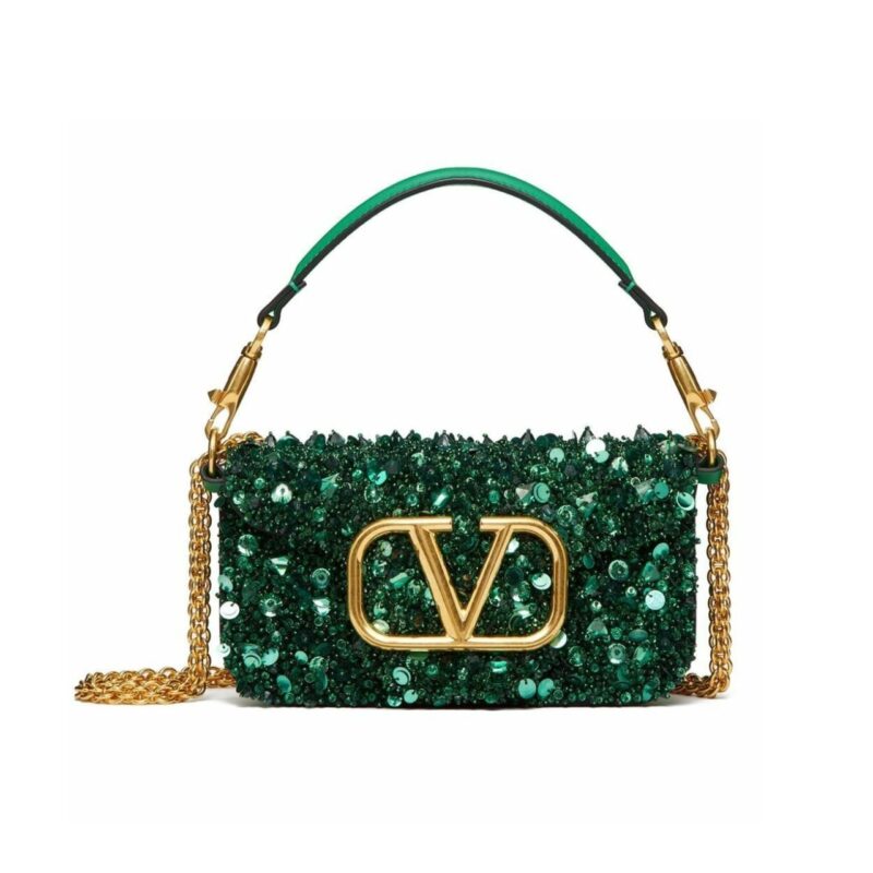 VALENTINO GARAVANI LOCÒ EMBELLISHED SHOULDER BAG GREEN 20CM