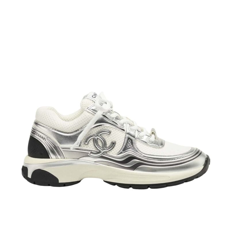 CHANEL 23C SILVER METALLIC CC LOGO LACE UP FLAT RUNNER TRAINER SNEAKER WHITE AND SILVER G39792 Y56368 K5451