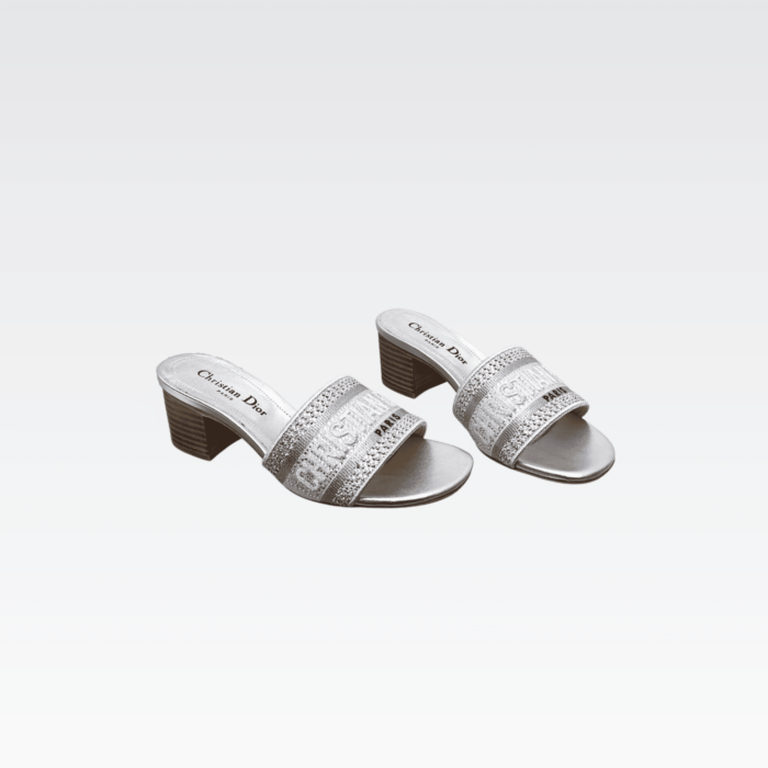 DIOR DWAY HEELED SLIDE EMBROIDED COTTON GREY