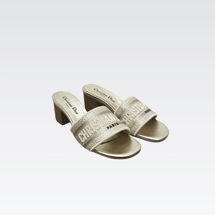 DIOR DWAY HEELED SLIDE EMBROIDED COTTON GOLD