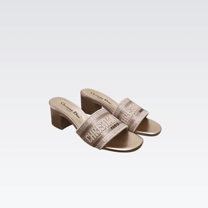 DIOR DWAY HEELED SLIDE EMBROIDED COTTON PINK GOLD