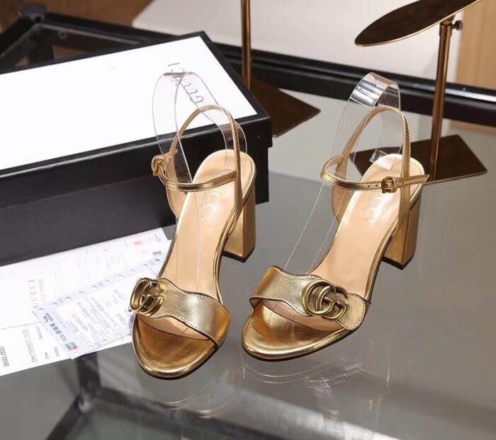 Alternative view of GUCCI GOLD METALLIC LAMINATE LEATHER MID HEEL SANDAL 453379