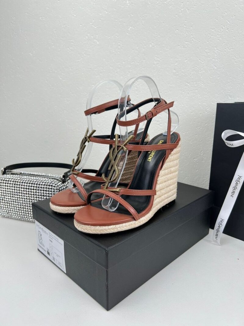 Alternative view of SAINT LAURENT CASSANDRA 115 LEATHER AND RAFFIA WEDGE BROWN SANDALS