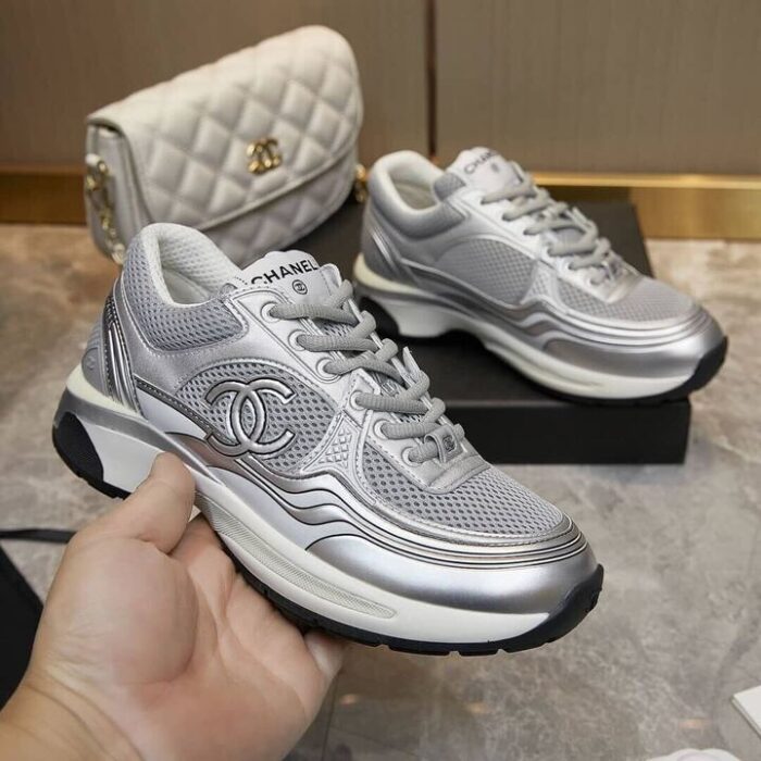 Alternative view of CHANEL 23C SILVER METALLIC CC LOGO LACE UP FLAT RUNNER TRAINER SNEAKER GRAY