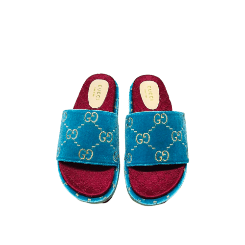 GUCCI WOMEN'S WITH GG PATTERN SLIDE SANDAL BLUE