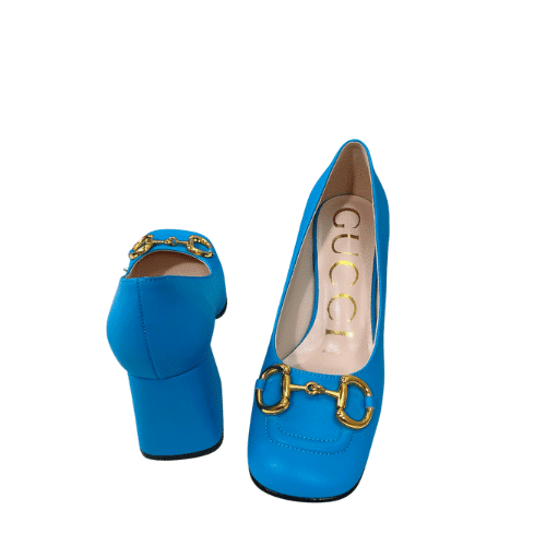 GUCCI WOMEN'S MID HEEL PUMP WITH HORSEBIT BLUE