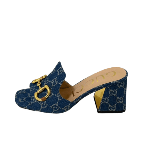 GUCCI WOMEN'S SLIDE MONOGRAM SANDAL WITH HORSEBIT BLUE