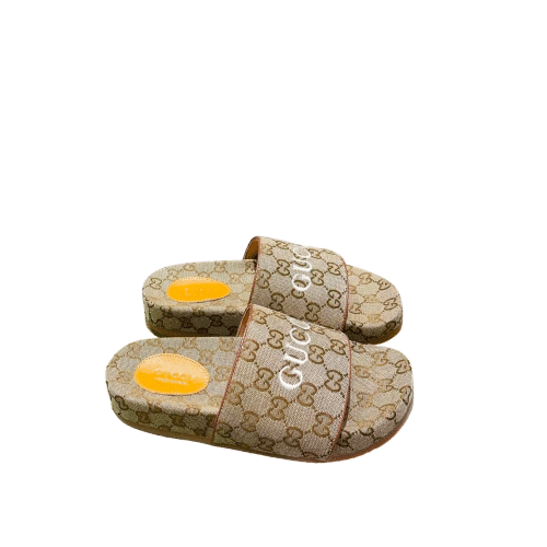 GUCCI WOMEN'S GG CANVAS SLIDE SANDAL BEIGE EBONY