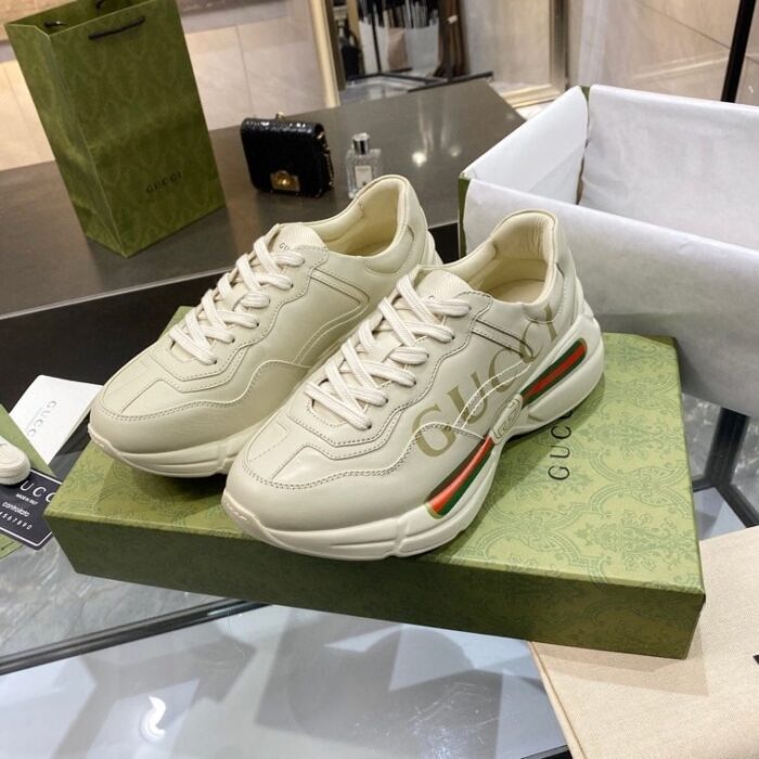 Alternative view of GUCCI WOMEN RHYTON GUCCI LOGO LEATHER SNEAKER BEIGE 528892 DRW00 9522
