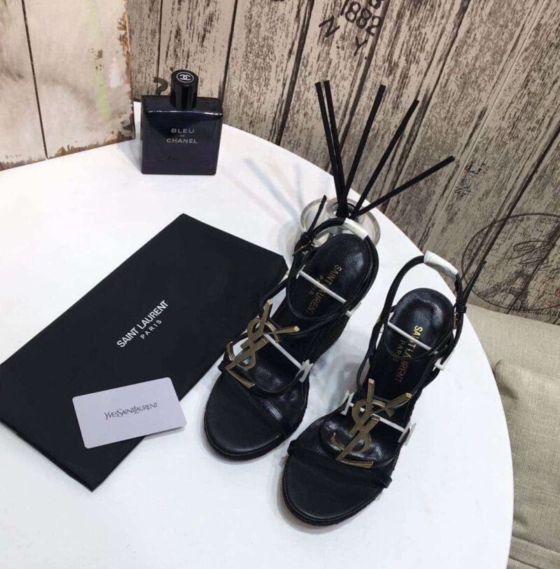 Alternative view of SAINT LAURENT CASSANDRA 115 LEATHER AND RAFFIA WEDGE BLACK SANDALS