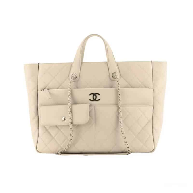CHANEL 20C ULTRA POCKET TOTE BAG QUILTED BEIGE LEATHER 37CM
