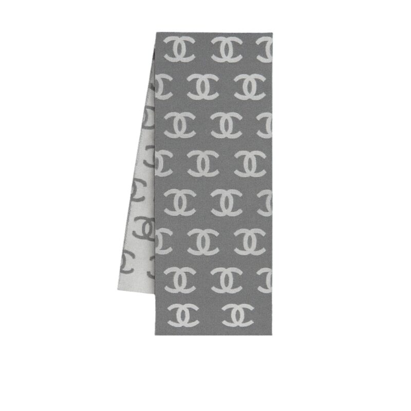 CHANEL CC LOGO CAMELLIA SCARF GREY