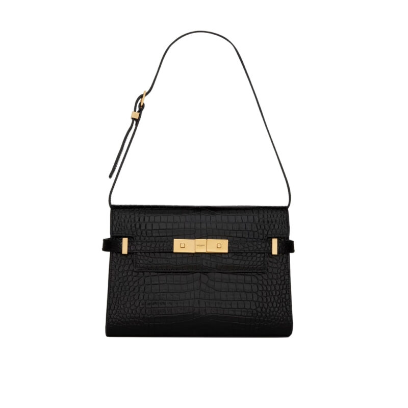 SAINT LAURENT MANHATTAN SMALL IN SHINY CROCODILE EMBOSSED LEATHER BLACK GOLD 24CM 675626DND0W1000
