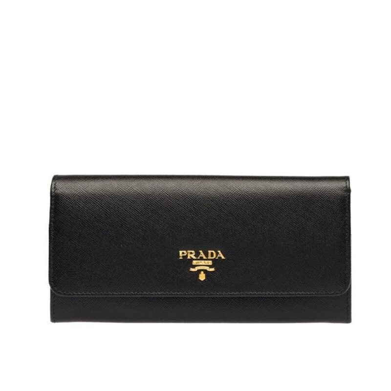PRADA SAFFIANO LEATHER FLAP LONG WALLET BLACK AND GOLD 19CM 1MH132 ZLP F061H