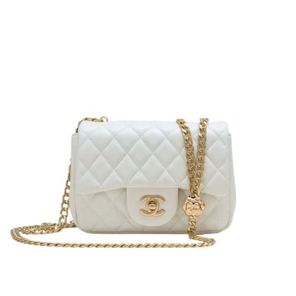 CHANEL MINI FLAP BAG WITH FLOWER CHAIN WHITE 18CM