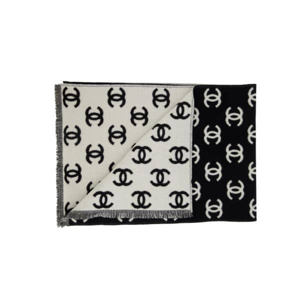 CHANEL CC LOGO CAMELLIA SCARF WHITE BLACK