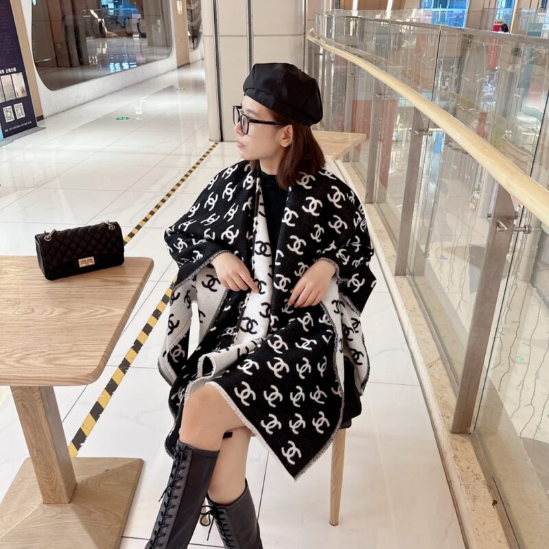 Alternative view of CHANEL CC LOGO CAMELLIA SCARF WHITE BLACK