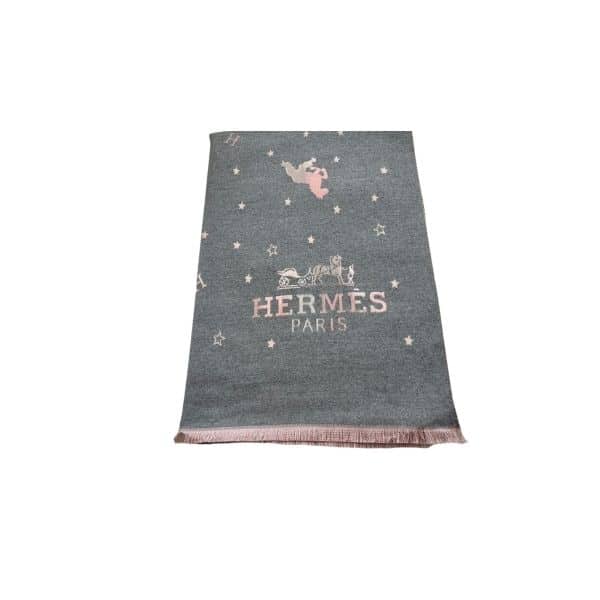 HERMES CASHMERE SCARF BIG TASSELS STAR SHAWL HORSE GREY