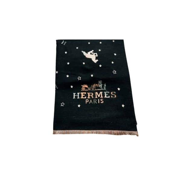 HERMES CASHMERE SCARF BIG TASSELS STAR SHAWL HORSE BLACK