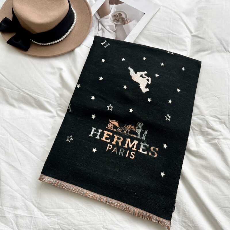 Alternative view of HERMES CASHMERE SCARF BIG TASSELS STAR SHAWL HORSE BLACK