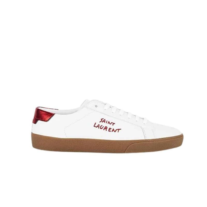 SAINT LAURENT COURT CLASSIC EMBROIDERED SNEAKERS WHITE AND RED