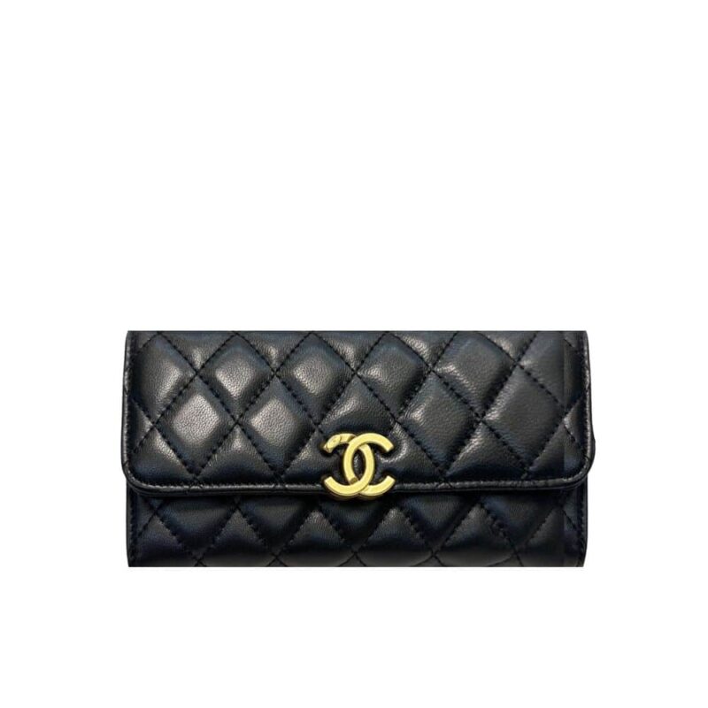 CHANEL CC LOGO LONG FLAP WALLET GOLD BLACK 19CM