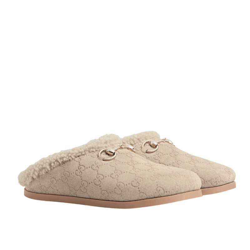 GUCCI WOMEN'S MULE WITH HORSEBIT GG SUEDE NATURAL