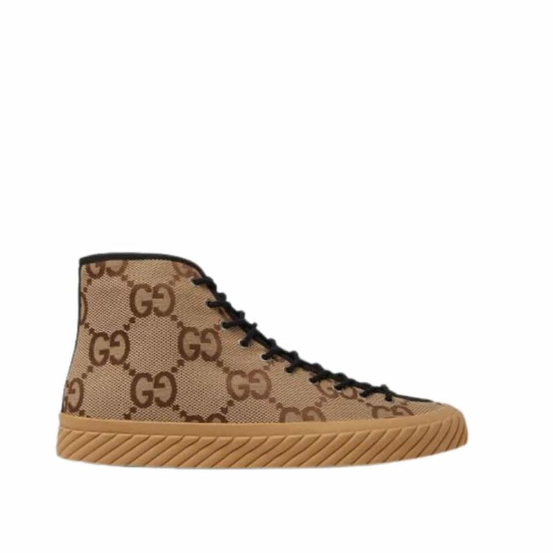 GUCCI ALL OVER GG LOGO HIGH TOP SNEAKERS BROWN