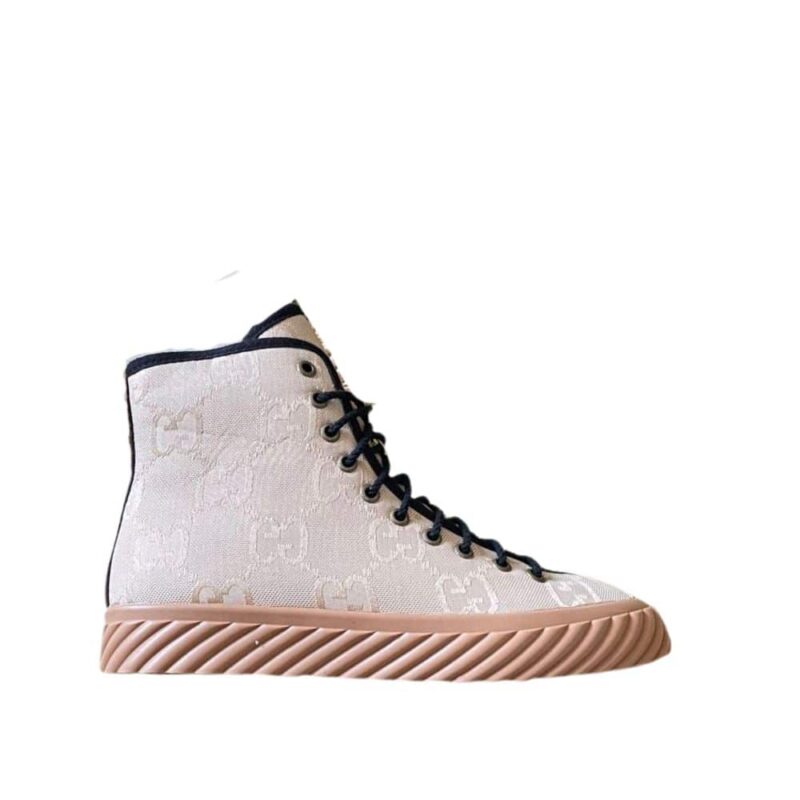 GUCCI ALL OVER GG LOGO HIGH TOP SNEAKERS BEIGE