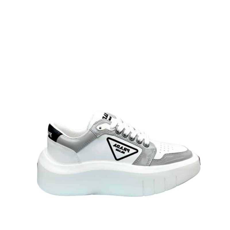 PRADA LEATHER PLATFORM SNEAKERS WHITE AND GREY