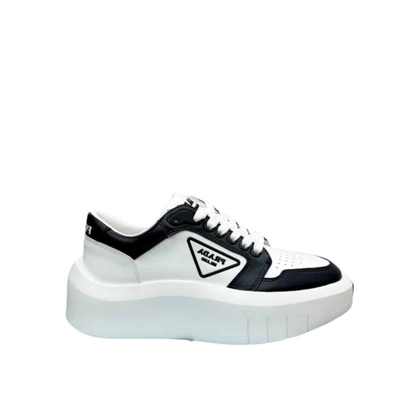 PRADA LEATHER PLATFORM SNEAKERS WHITE AND BLACK