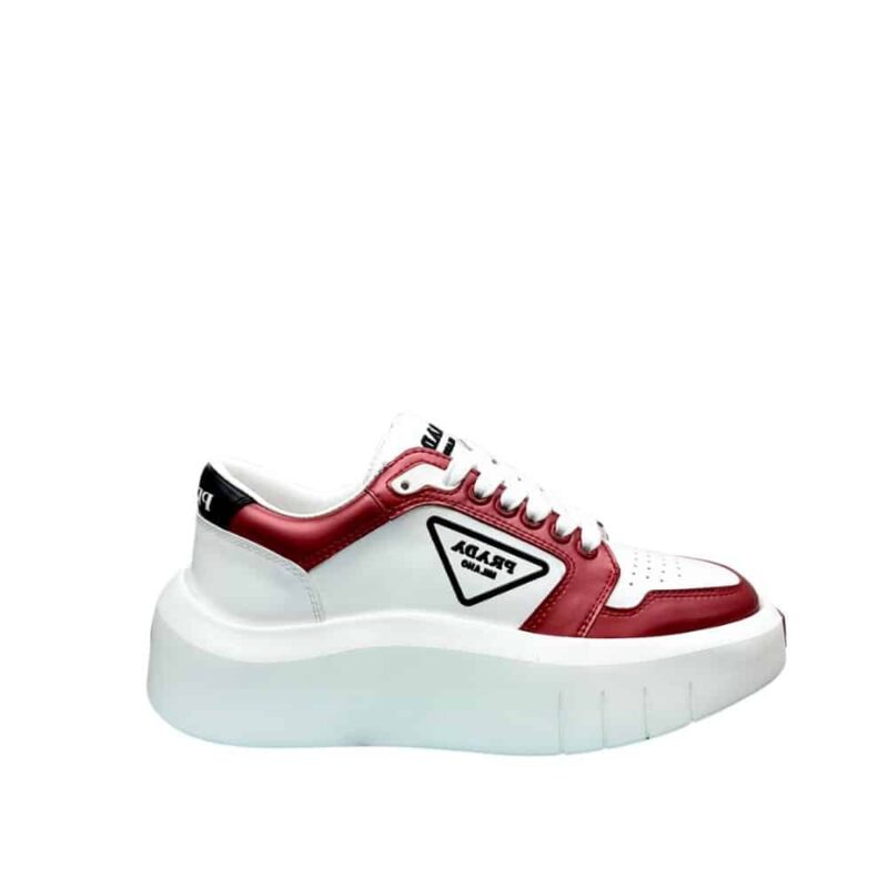 PRADA LEATHER PLATFORM SNEAKERS WHITE AND RED