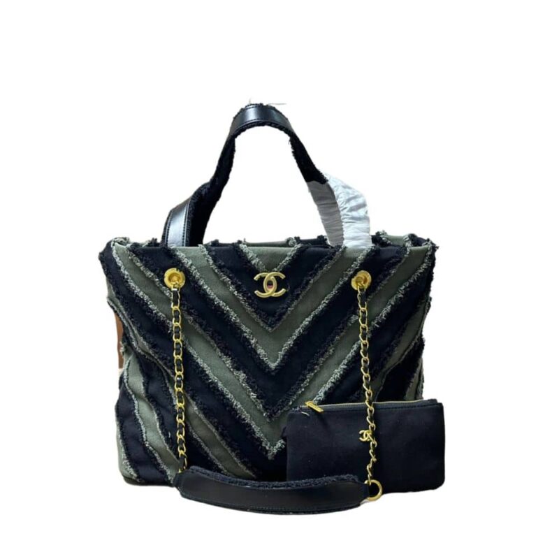 CHANEL CHEVRON CUBA PATCHWORK SHOPPER TOTE BLUE 40CM