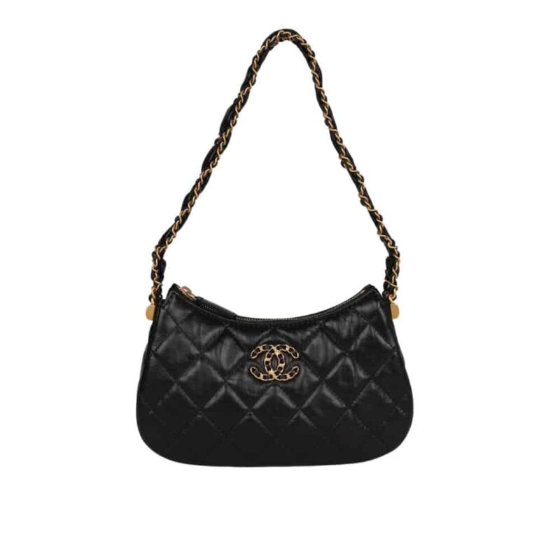 CHANEL HOBO HANDBAG AGED CALFSKIN BLACK 24CM