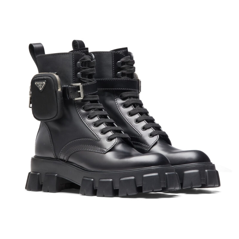 PRADA MONOLITH BRUSHED LEATHER AND RE NYLON WITH POUCH BOOTS BLACK 2UE007 3LFR F0002 F D002