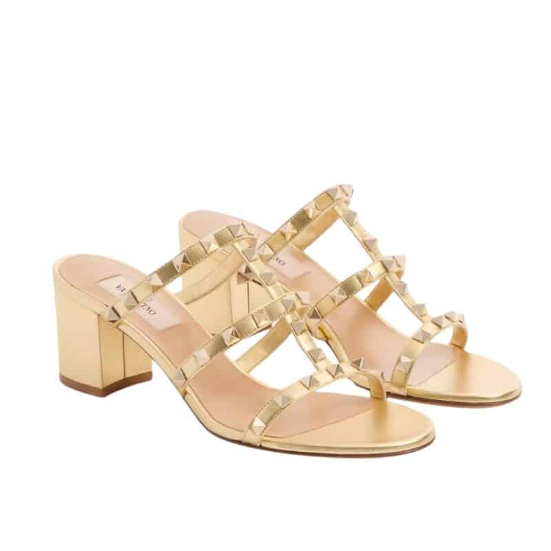 VALENTINO GARAVANI ROCKSTUD SLIDE SANDAL IN LAMINATED NAPPA GOLD 6W2S0C47QKH I8M