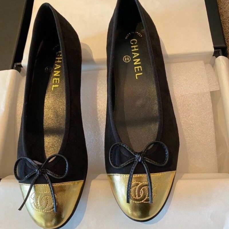 Alternative view of CHANEL LEATHER CAP TOE BALLET FLATS BLACK GOLD