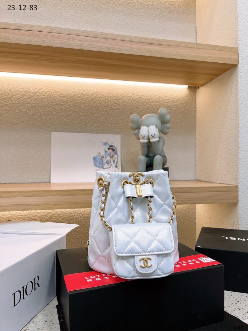 Alternative view of CHANEL MINI BUCKET BACKPACK GOLD TONE HARDWARE WHITE 19CM