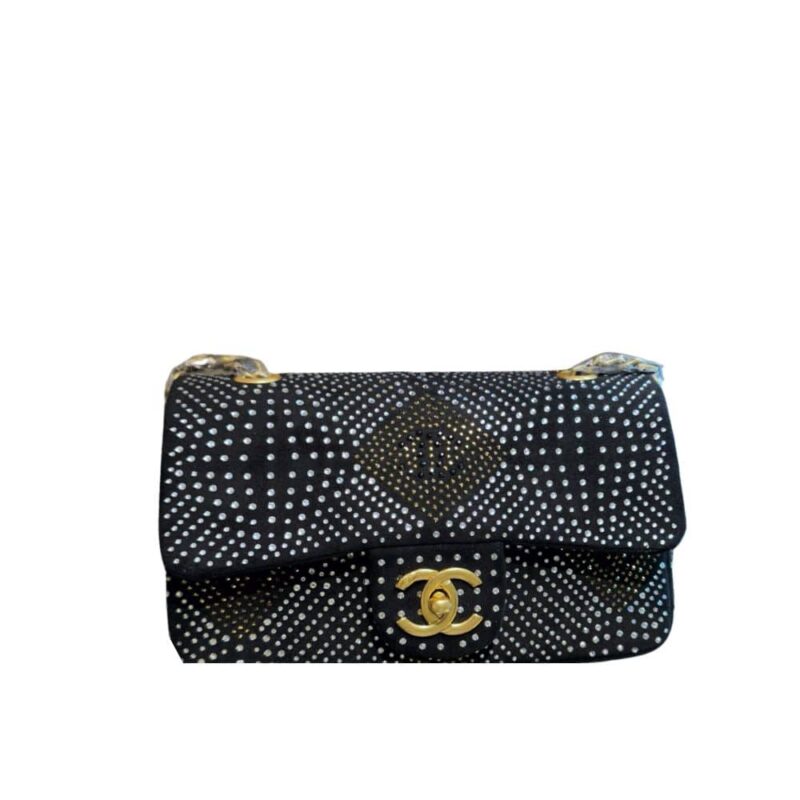 CHANEL EVENING BAG VELVET DIAMANTE METAL BLACK 25CM